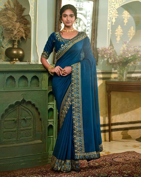 Saree Mall Blue Embellished Saree With Unstitched Blouse