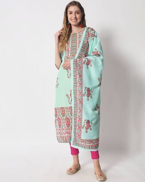 Women's Silk Blend Straight Kurta Pant Set With Dupatta | Embroidered, Includes Top, Pants & Chiffon Scarf