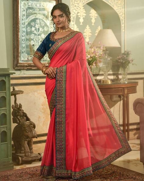 Buy SHIV GANGA FASHION Womens Georgette Solid Green lace gajari saree Pink  Saree Online In India At Discounted Prices