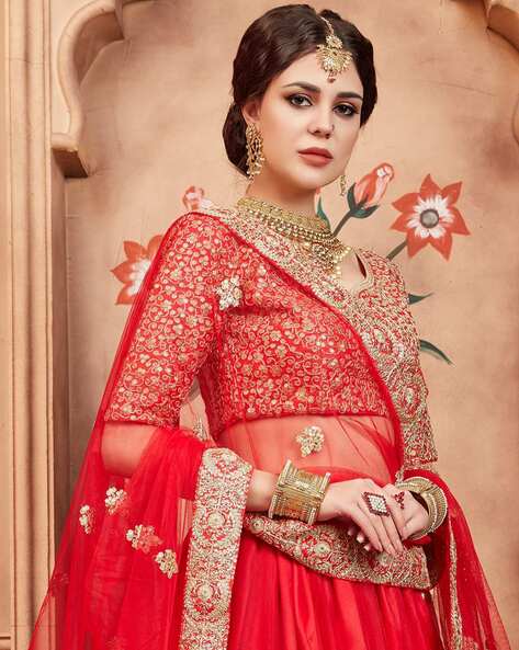 Red netted crop top lehenga - Bride Collections - Collections