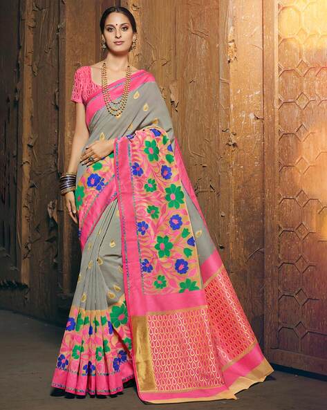 Bohemian Grey & Pink Moonga Silk Khadi Saree - Katan Weaves India