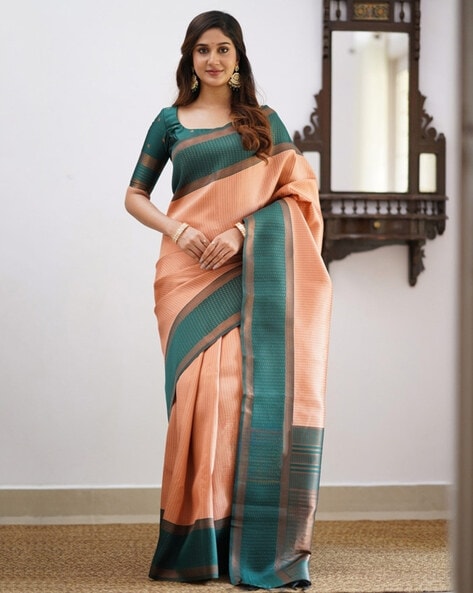 Baby pink checked kanjivaram soft silk saree with blouse – Threads