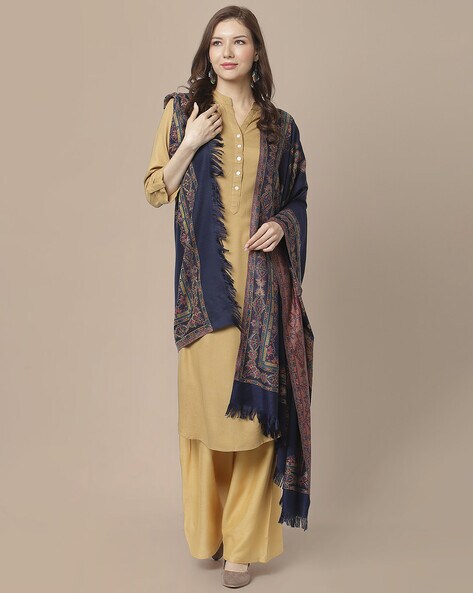 Women Floral Woven Shawl with Fringes Price in India