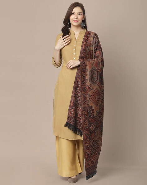 Women Floral Woven Shawl with Fringes Price in India