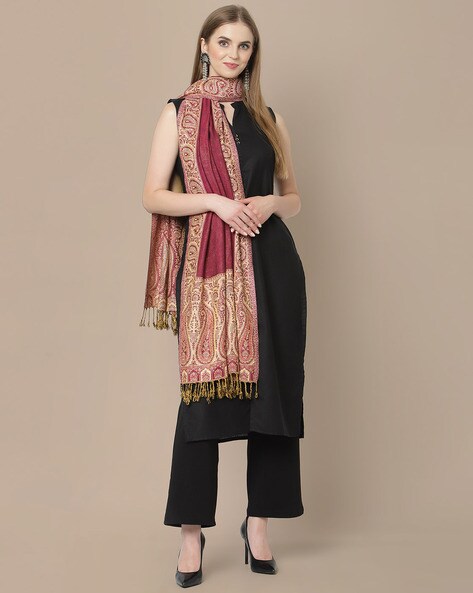 Women Paisley Woven Shawl with Fringes Price in India