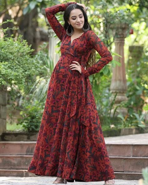 Red Paisleys 3D Flowers Long Dress