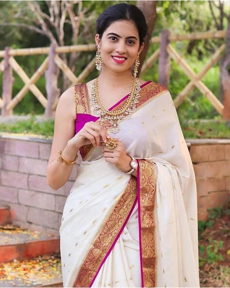 Off White And Pink Designer Silk Saree With Embroidered Blouse | Kolour