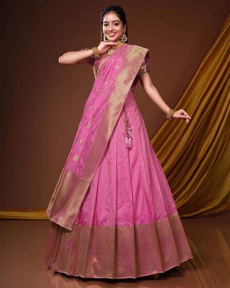 Pink and Mustard Traditional Half Saree - ANJU SHANKAR LABEL