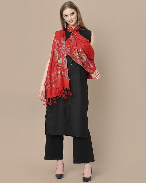 Women Floral Woven Stole with Fringes Price in India