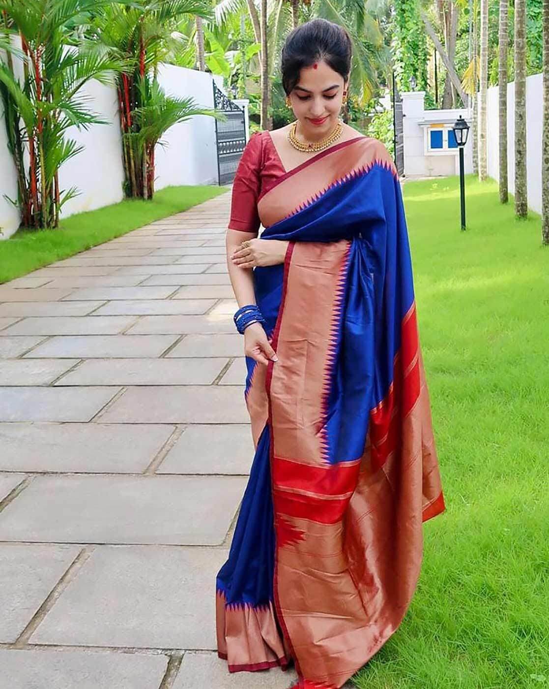 Stunning Blue Colour Saree With Red Border & Heavy Brocade Blouse Banarasi  Beautiful Zari Work In Form Of Traditional Motifs Soft Silk Saree