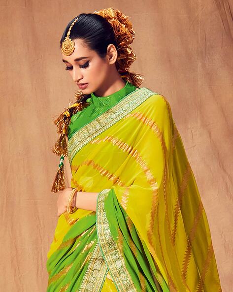 What color blouse goes well with a yellow and green printed sari? - Quora