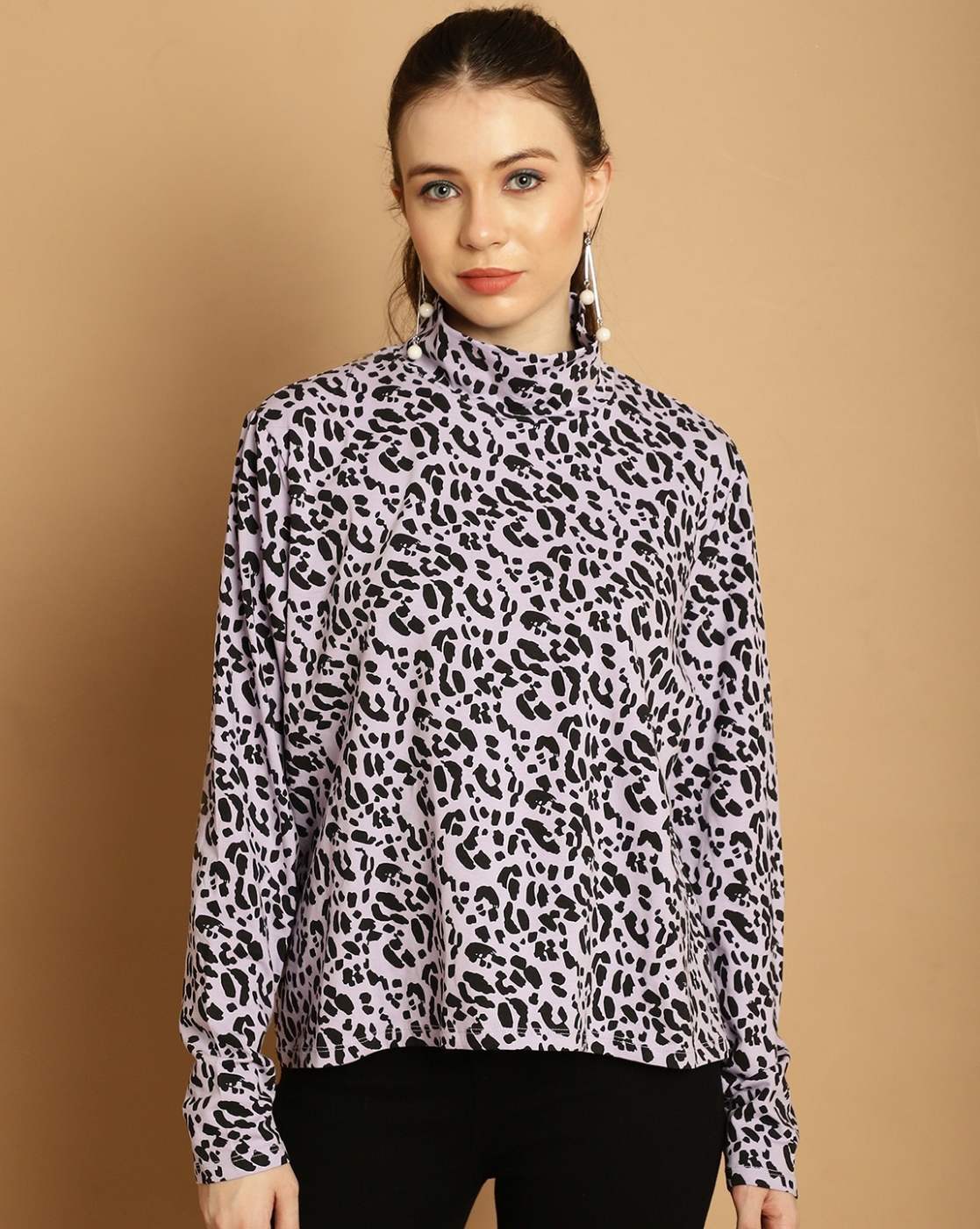 High neck clearance animal print top