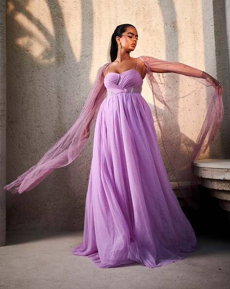 V-neck Short Sleeve Chiffon Long Women Elegant Lavender Color-pokeht.vn