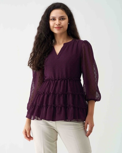 V-Neck Top with Puff Sleeves