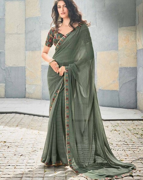 Vishal Prints Grey Brasso Saree With Weaved Satin Patta And Tassel