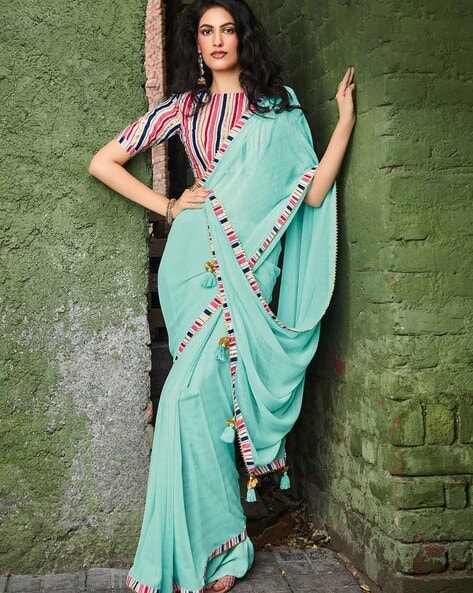 Saree : Pista green shimmer fancy thread work sequence siroski ...