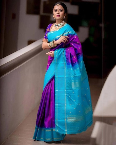 Purplish Pink Combination Of Purple Jam Kanchipuram Silk Sarees With Thread  Tassels.