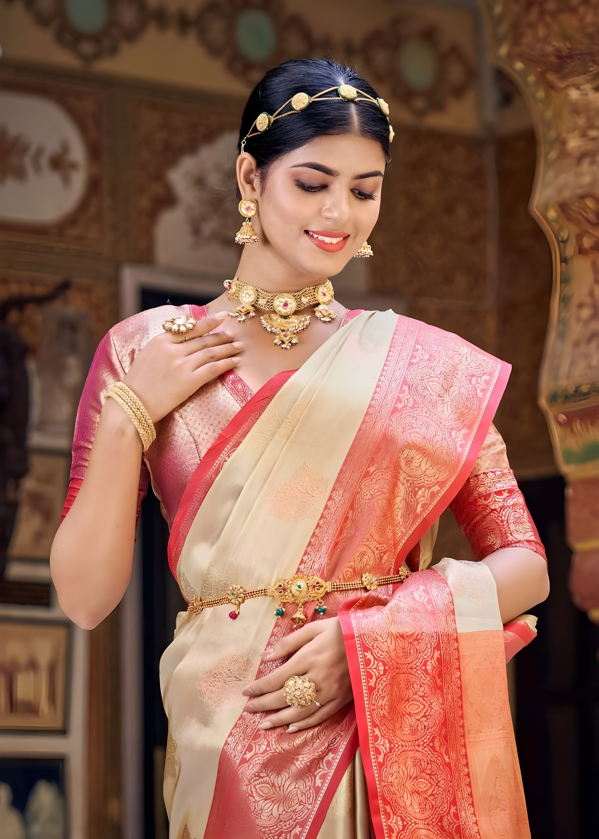 Bride in Cream and Pink Silk Sari