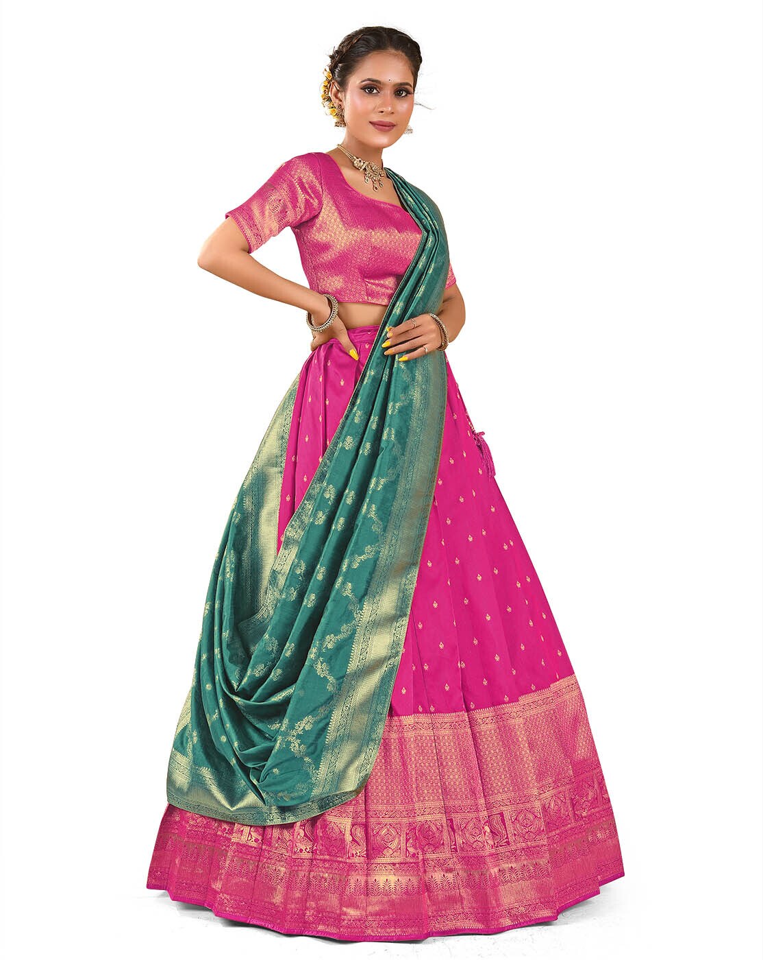 Buy Art Silk Hot Pink and Mint Green Half N Half Saree Online