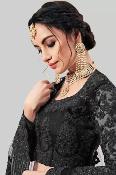 Buy Sumeru's Girl's very Hot and Beautiful Tafeta Silk Embroidered  Semi-Stitched Lehenga Choli with a beautiful perfect matching sterling  silver Bracelet Completely Free (Black and Silver) at Amazon.in