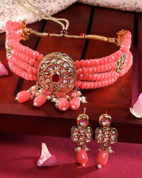 Pastel Pink & Green Beaded Kundan Choker Necklace Set – Putstyle