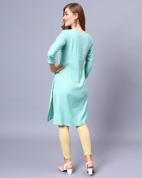 Buy Aqua Blue Cotton Embroidered Party Wear Kurti Online : Italy -