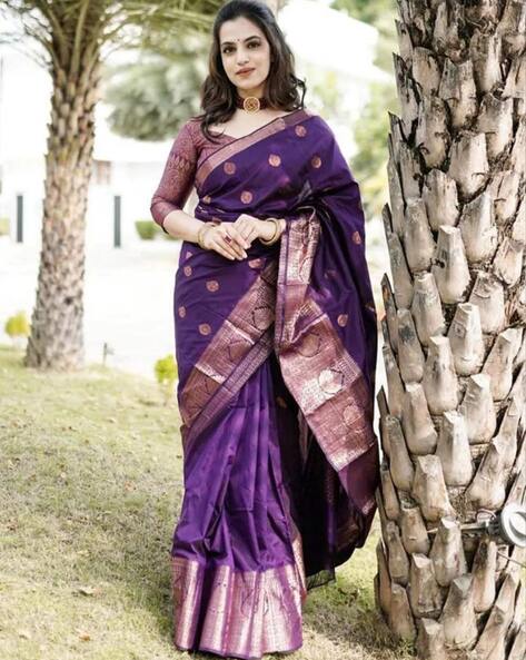 Free Shipping Purple Silk Saree Beautiful Floral & Peacock weaved Pattern Zari Indian Clothing Antique Kanchipuram 2024 Style Wedding Wear 5Yrd