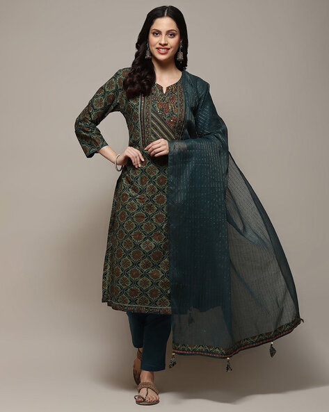 Buy Beige Cotton Block Print Unstitched Suit Set (Kurta, Bottom, Dupatta)  for N/A0.0 | Biba India
