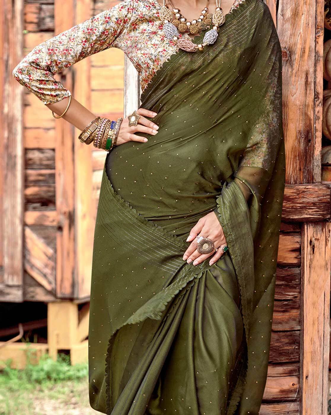 Olive Green Leheriya Printed Georgette Saree | Leemboodi