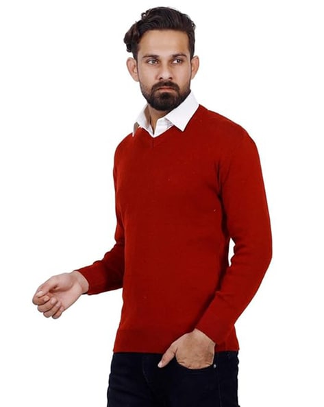 Red v clearance neck sweater men