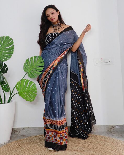 Buy Suta Black & Grey Cotton Printed Saree Without Blouse for Women Online  @ Tata CLiQ