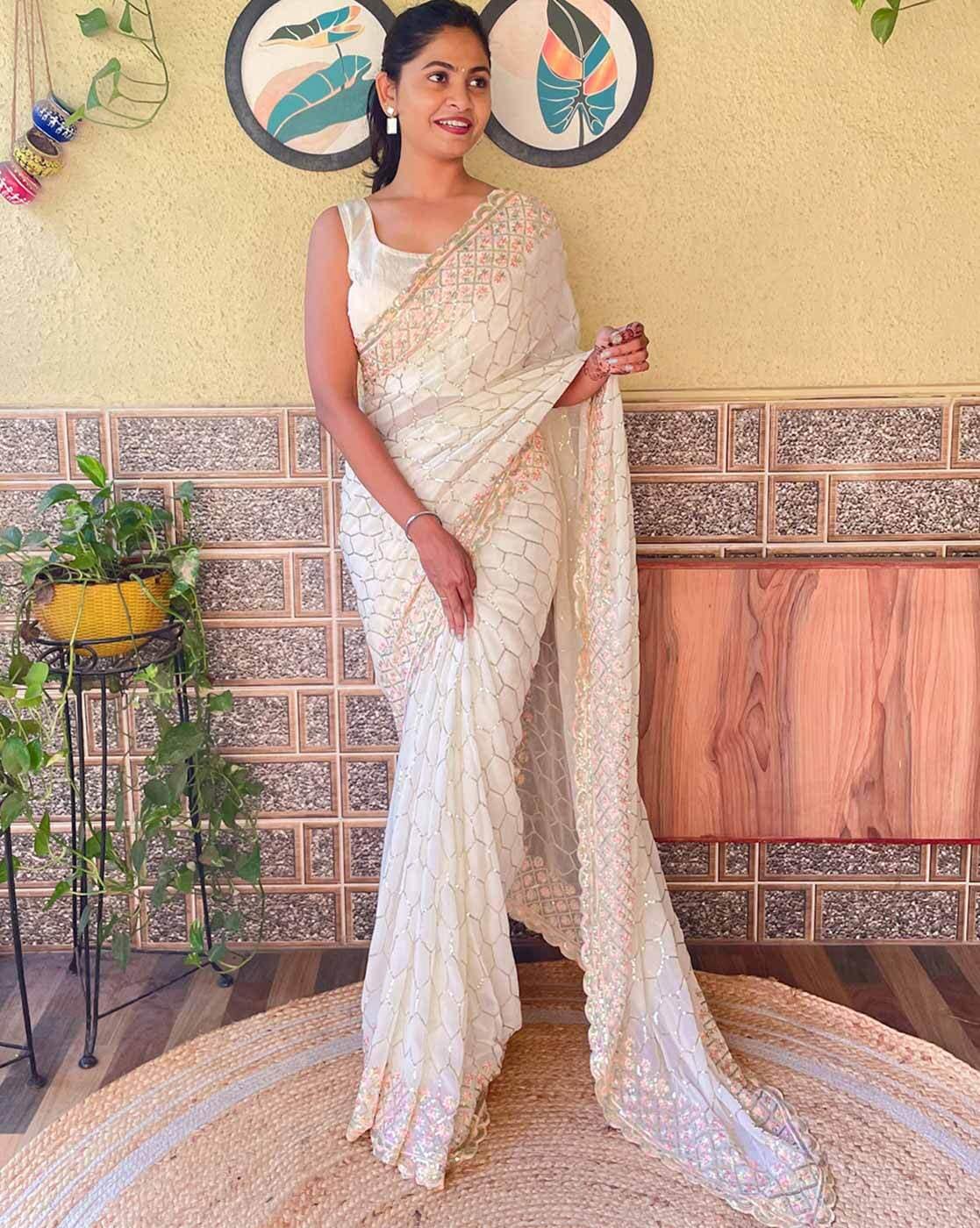 White Color Georgette Base Sequins And Stone Work Party Wear Saree