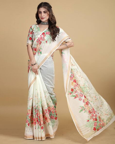 Buy Bright White Floral Print Saree online-Karagiri