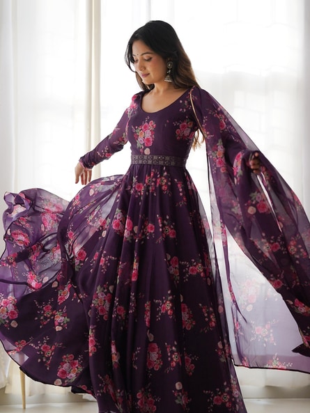 G227 (2), Wine Satin Full Sleeves Off Shoulder Trail Ball gown, Size ( –  Style Icon www.dressrent.in