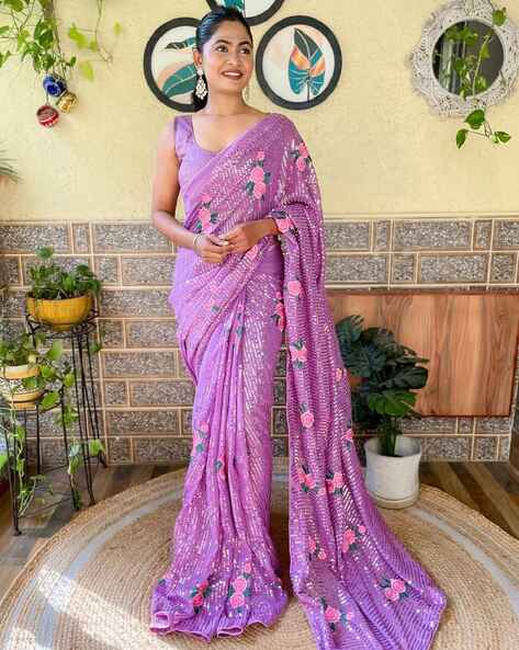 Lavender Resham Embroidered Georgette Saree