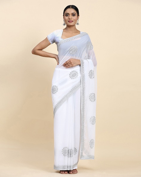 Suta White Mirror Work Embellished Saree - Suta - 3959782