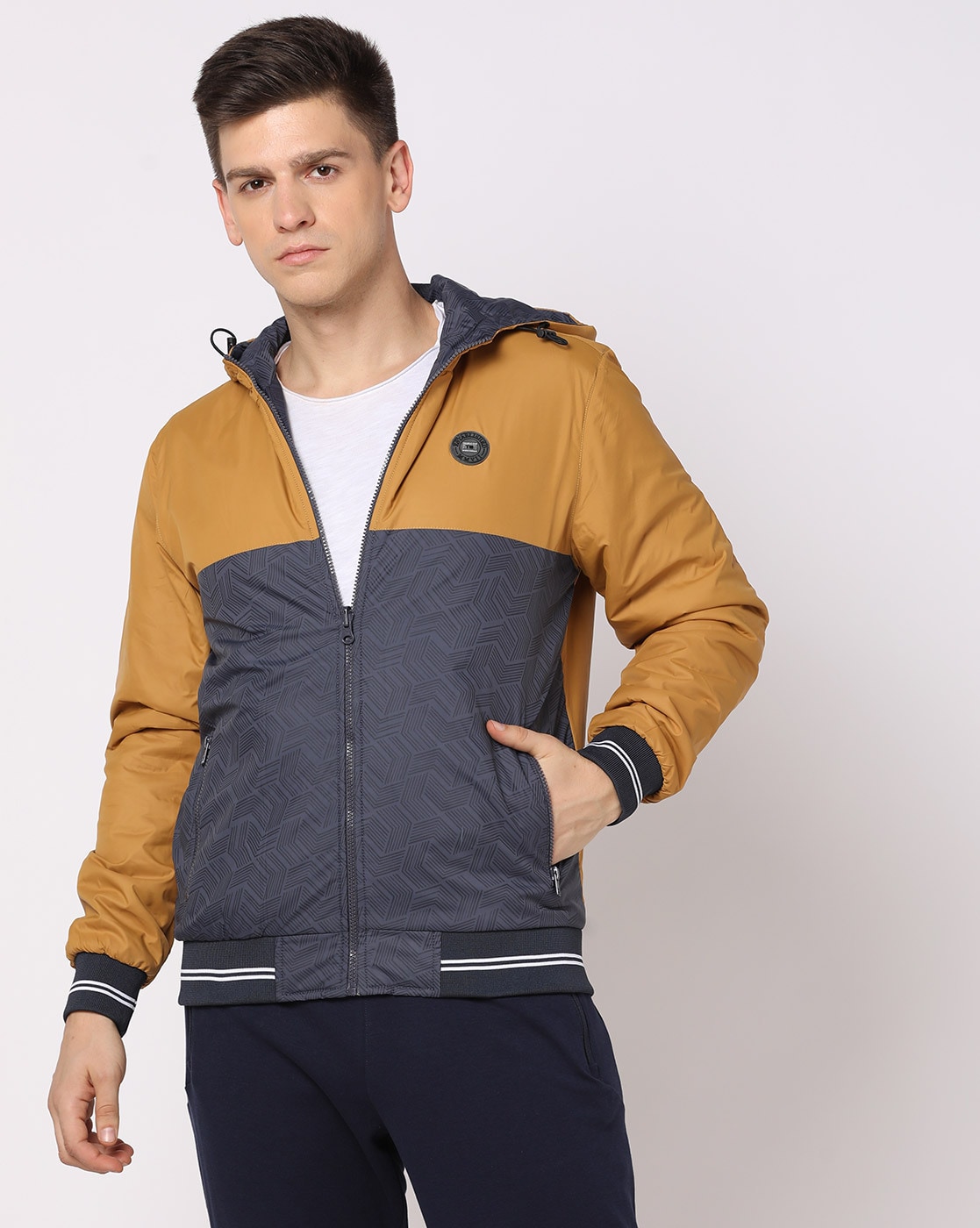 Light Grey and Black Zip Closure Full-Length Polyester Bomber Jacket for  men by Smoke Blue from Reliance.