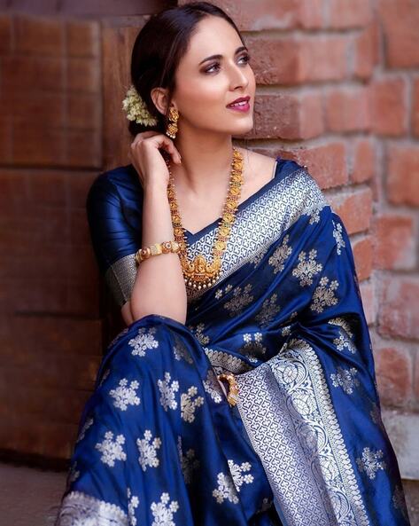 Buy NENCY FASHION Women Blue Woven Jacquard Banarasi Saree with