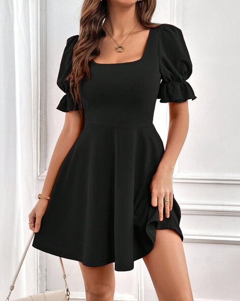 Long Sleeve Square Neck Maxi Bodycon Dress - Black / S