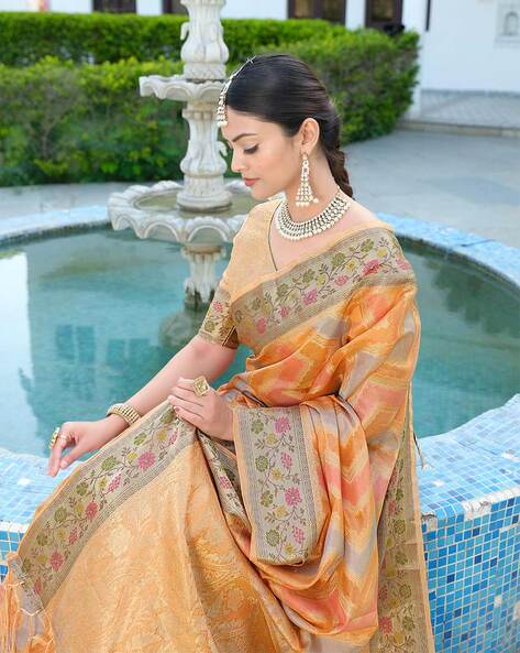 Pure Organza Silk Saree With Floral Handwork – Orgenza Store