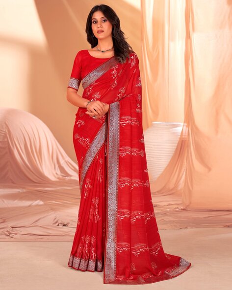 Red Graceful Georgette Saree Adorned with Viscose Thread Handwork Bord