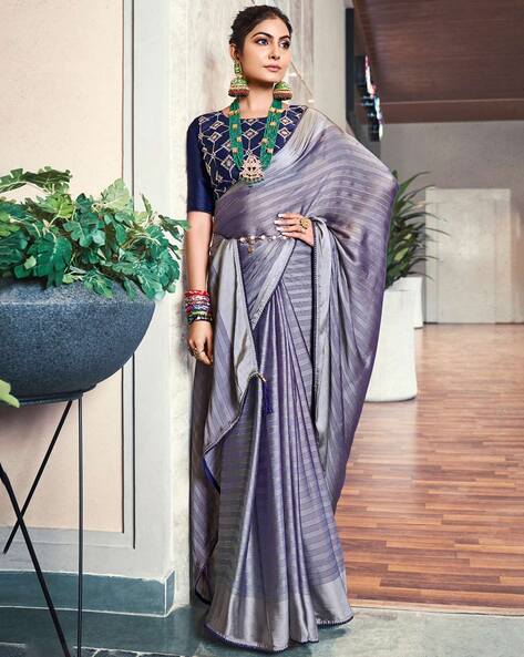 Embellished Satin Georgette Saree in Grey : SEW10682