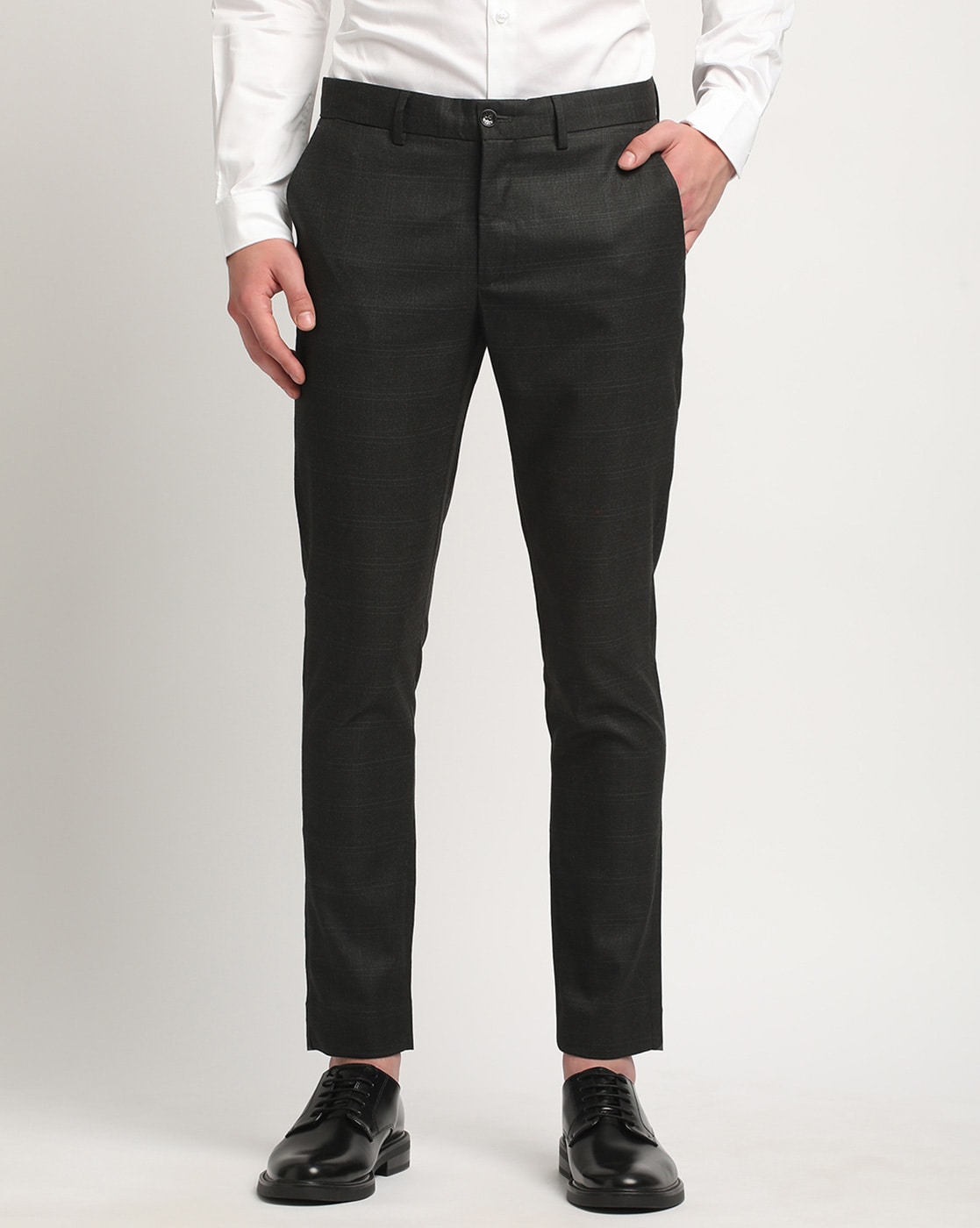 Slim Solid Black Belted Cotton Hyper Stretch Cropped Suit Pant | Express