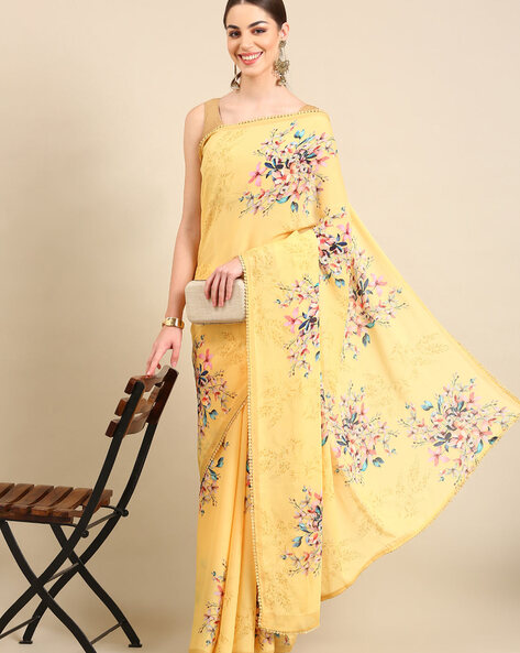 Floral Print Saree with Lace Border