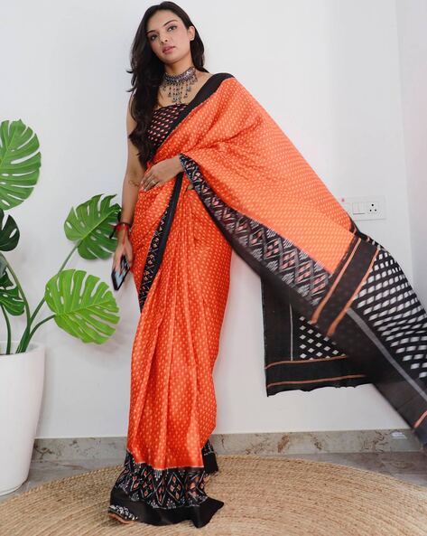 Mangalagiri Handloom Cotton by Pattu Saree Black & Orange Color with Cotton  thread temple border and contrast pallu and blouse-Indiehaat – Indiehaat.com