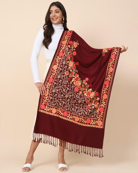 Women Floral Embroidererd Shawl with Fringes Price in India