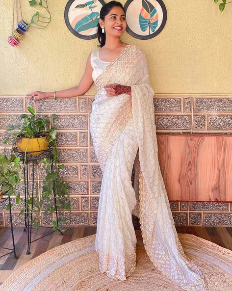 Buy Off White Sarees for Women by Indie Picks Online | Ajio.com