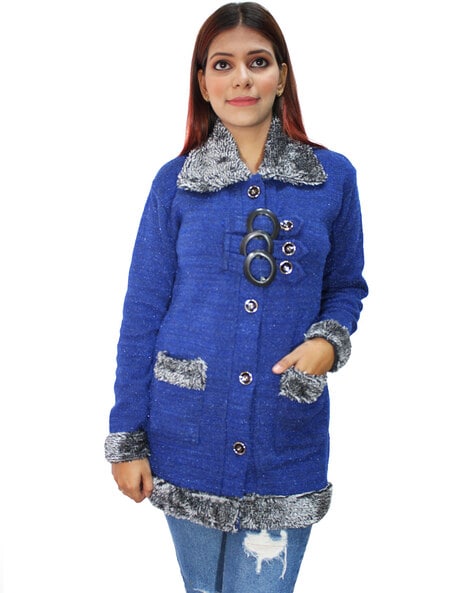 Buy HAUTEMODA Women Button Long Cardigan with Fur Collar Beige at