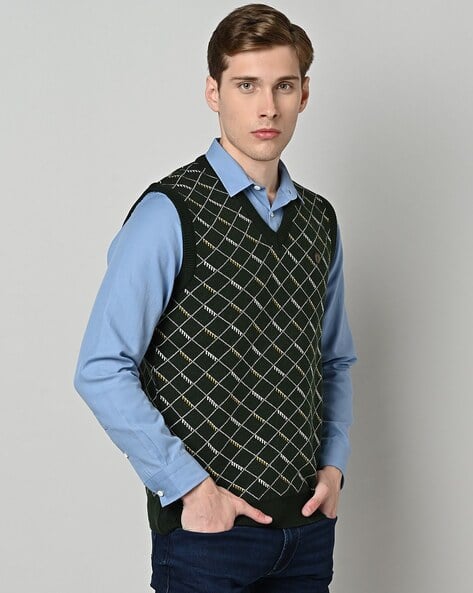 Green Checkered Sweater Vests Green Check Pattern Knit Vest For