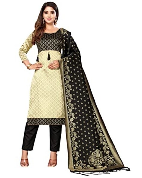 Floral Woven Semi-Stitched Straight Dress Material Price in India